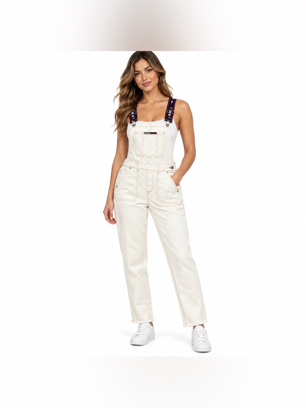 Tommy Jeans Women’s White Denim Overalls Logo Strap Straight Leg Raw Hem SZ-27